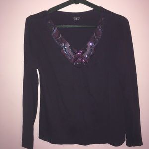 Purple long sleeve top with beaded collar